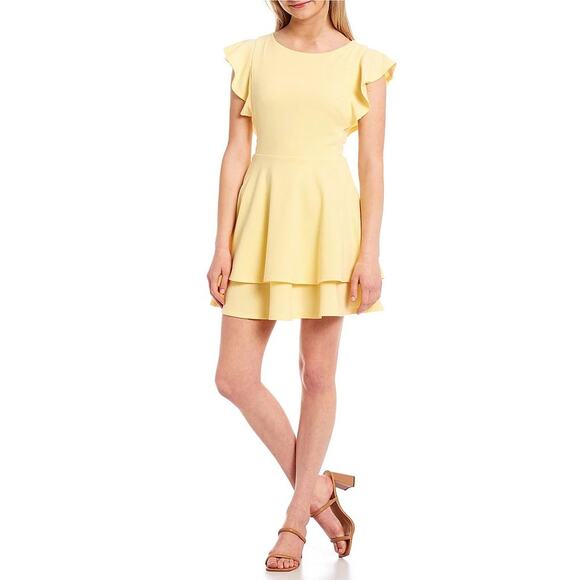 Midnight Doll Dress Flutter Sleeve Double-Hem Fit & Flare Yellow Mini Sz Medium - Picture 1 of 8